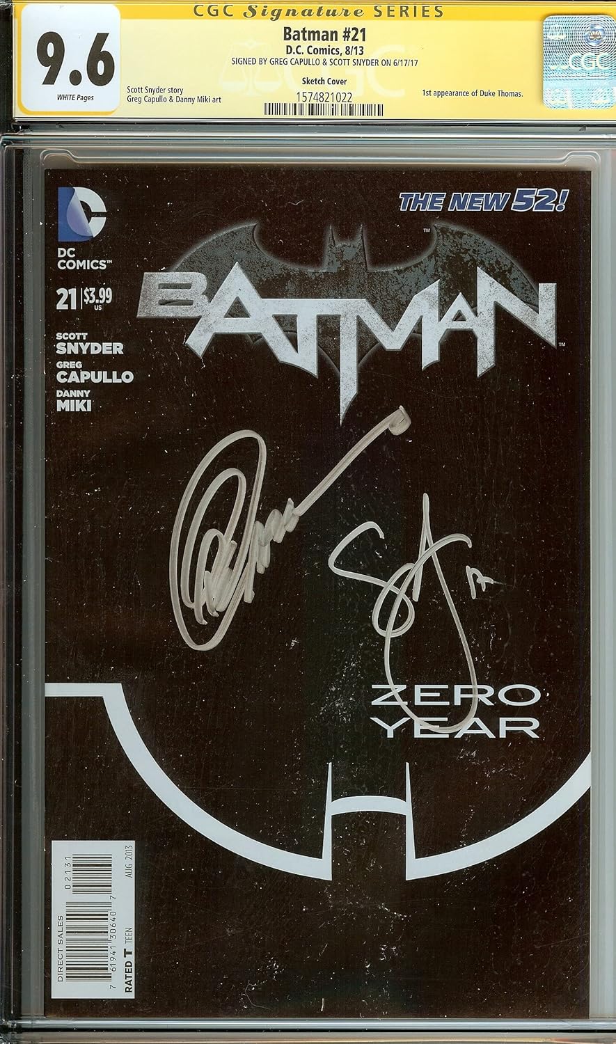 Autographed CGC 9.6 CGC Batman #21 1:100 Variant Signed Snyder Capullo