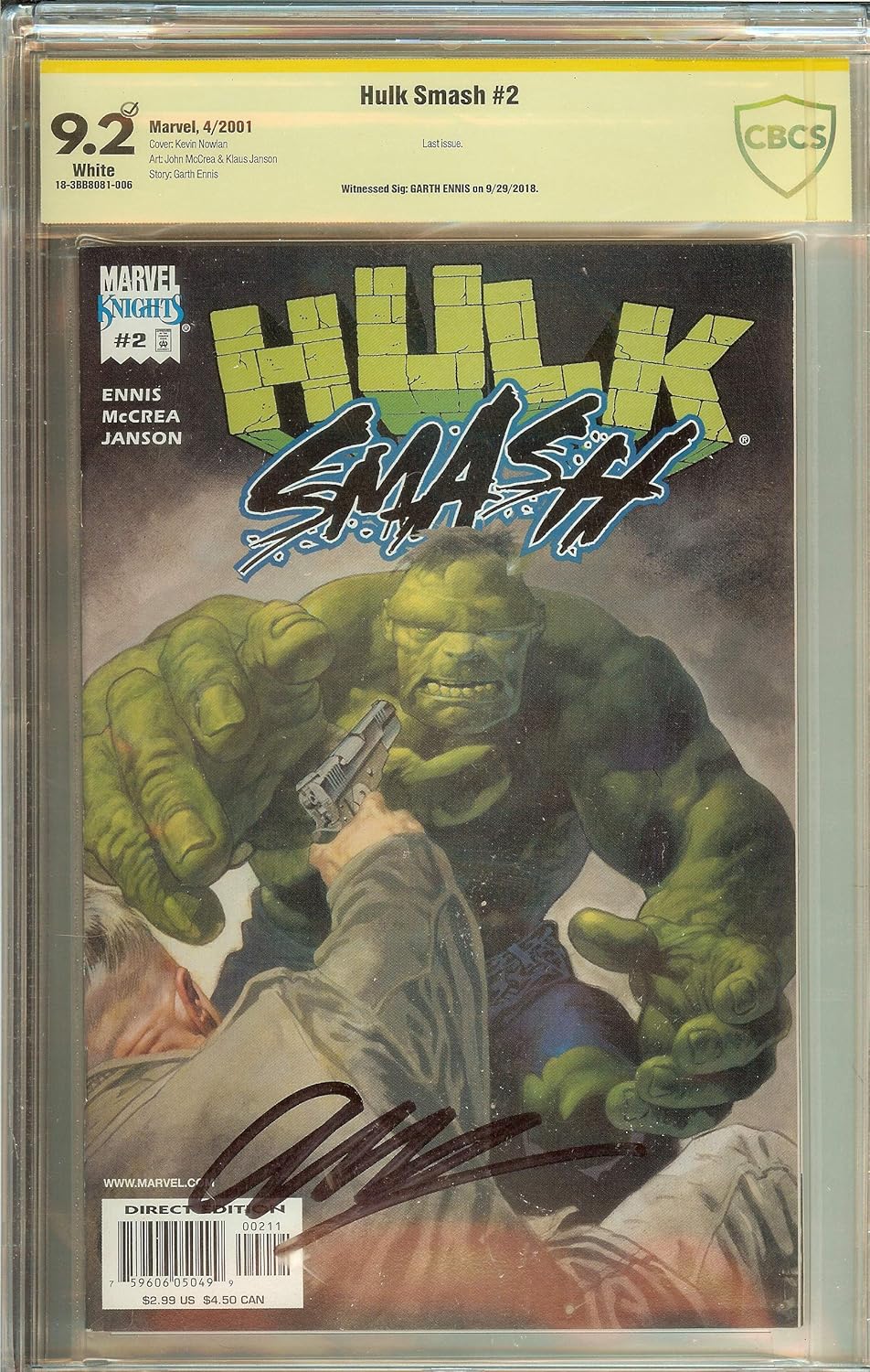 Hulk Smash #2 Signed Garth Ennis CGCS (not CGC) 9.2