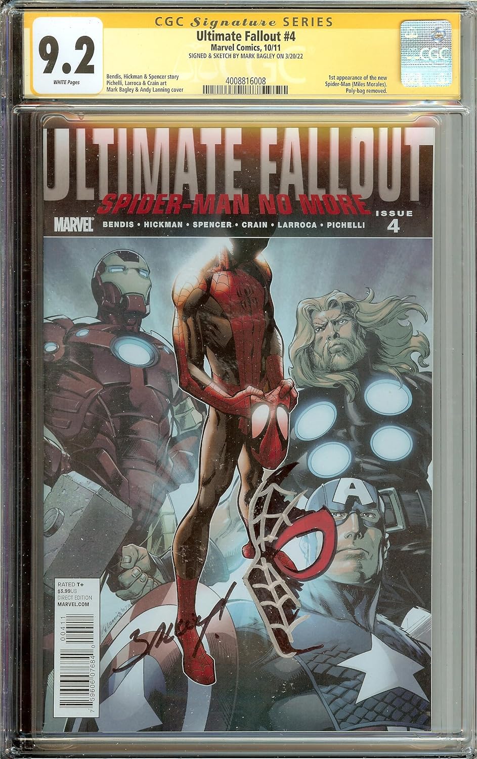 ltimate Fallout #4 Signed Sketched Remark Mark Bagley CGC 9.2 UNPRESSED 1st Miles Morales