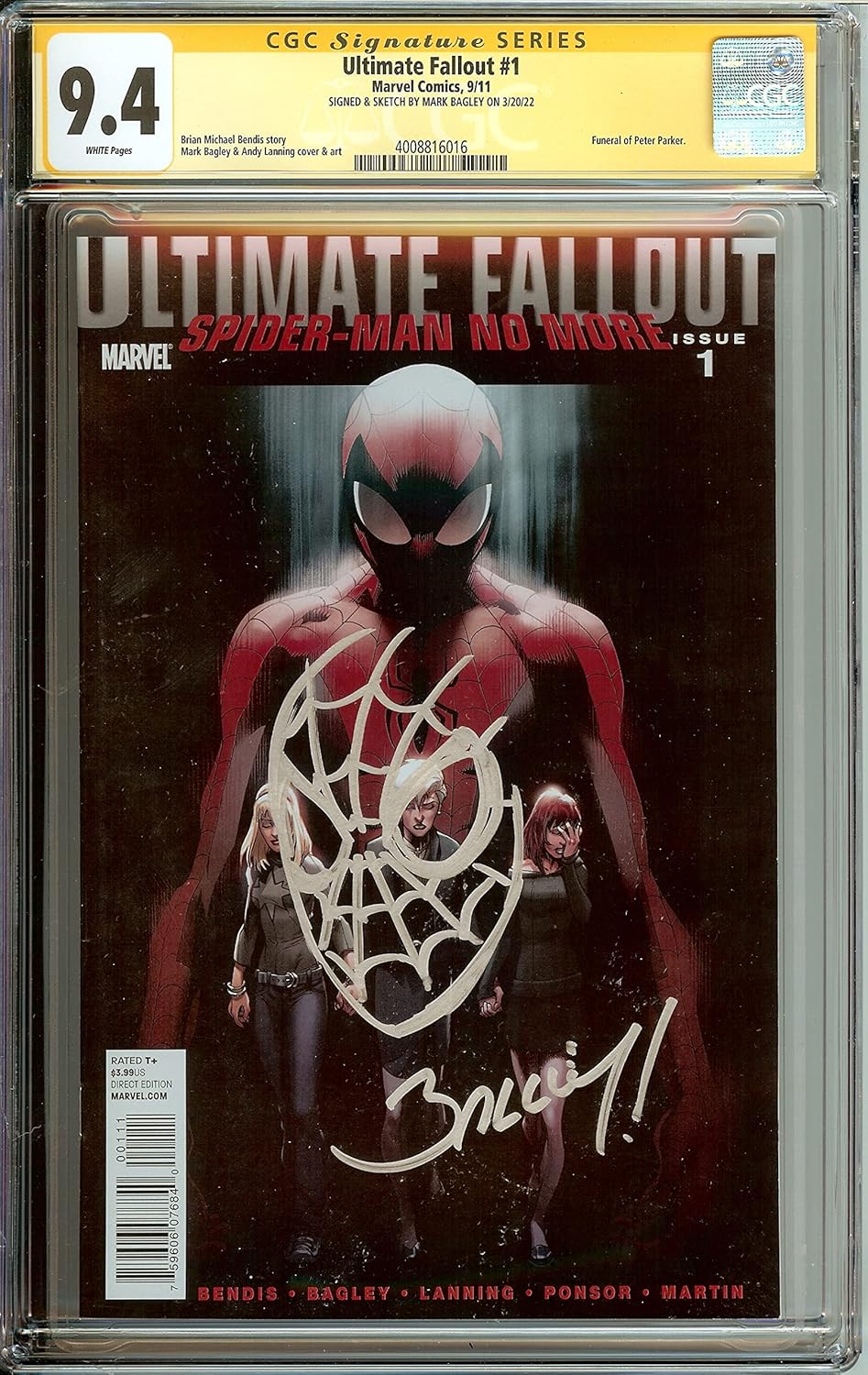 Ultimate Fallout #1 Signed Sketched Remark Mark Bagley CGC 9.4