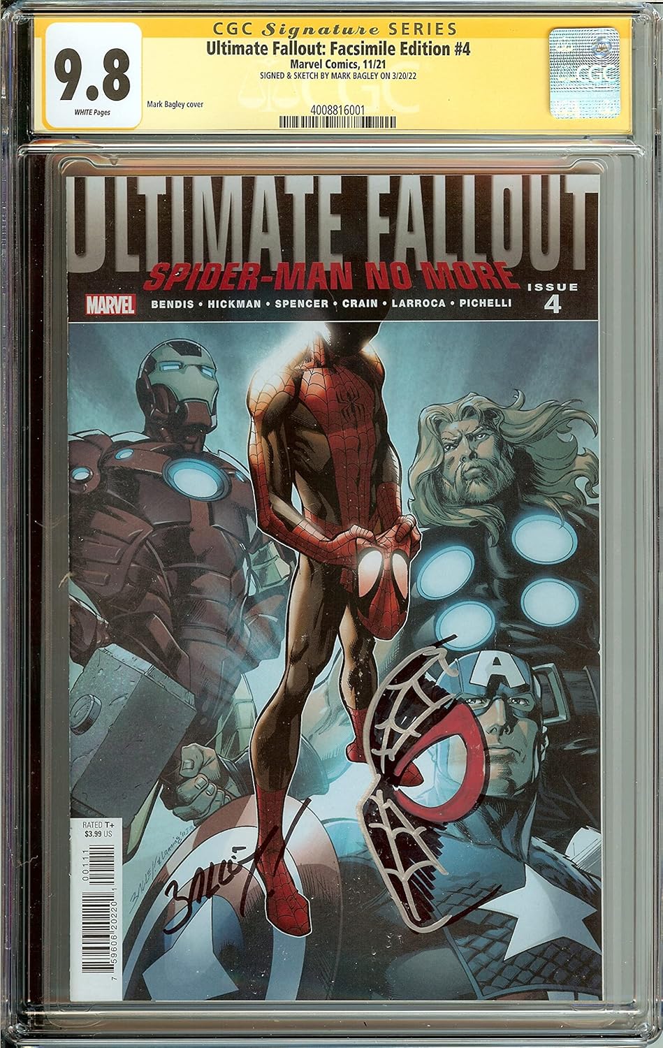 Ultimate Fallout Facsimile Edition #4 1st App Miles Morales Signed Sketched Remark Mark Bagley CGC 9.8 Spider-Man
