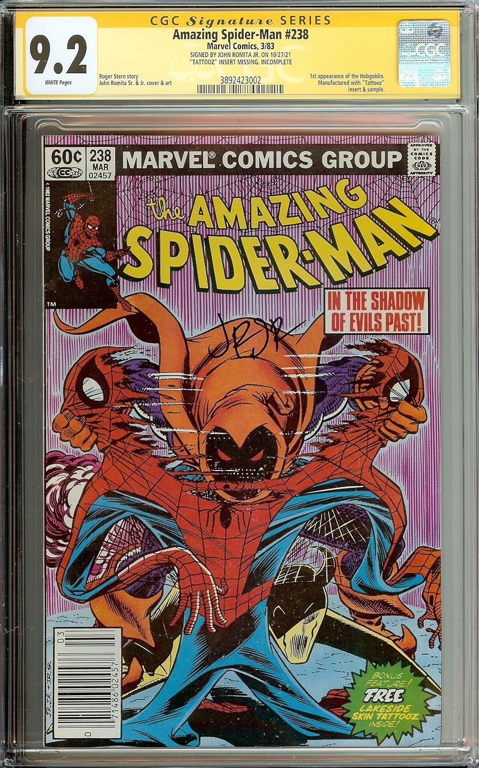Amazing Spider-Man #238 CGC 9.2 Signed John Romita JR Missing Tattooz Newsstand