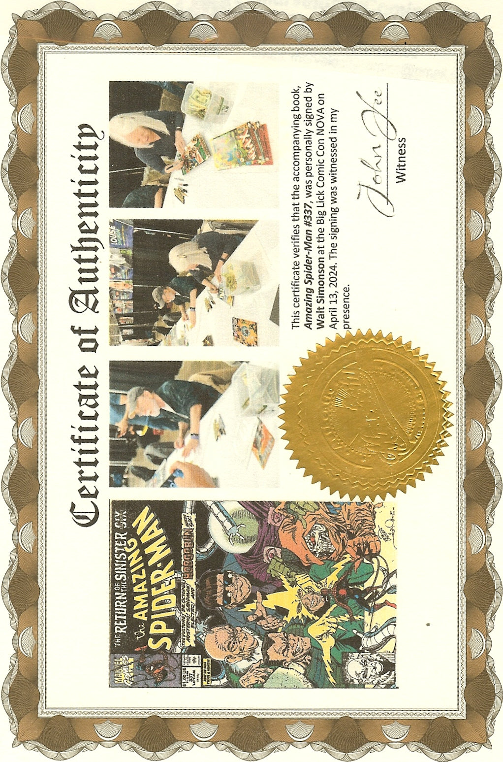 Amazing Spider-Man #337 Signed Walt Simonson COA