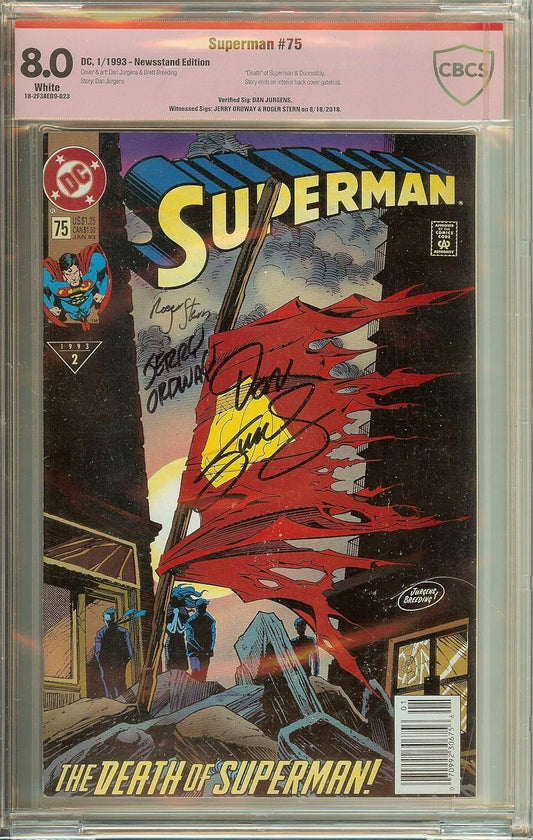 Superman #75 CBCS 8.0 VF Signed 3x Roger Stern, Dan Jurgens, Jerry Ordway