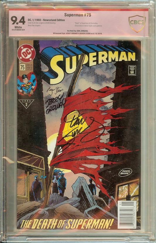 Superman #75 CBCS 9.4 Signed 3x Roger Stern, Dan Jurgens, Jerry Ordway