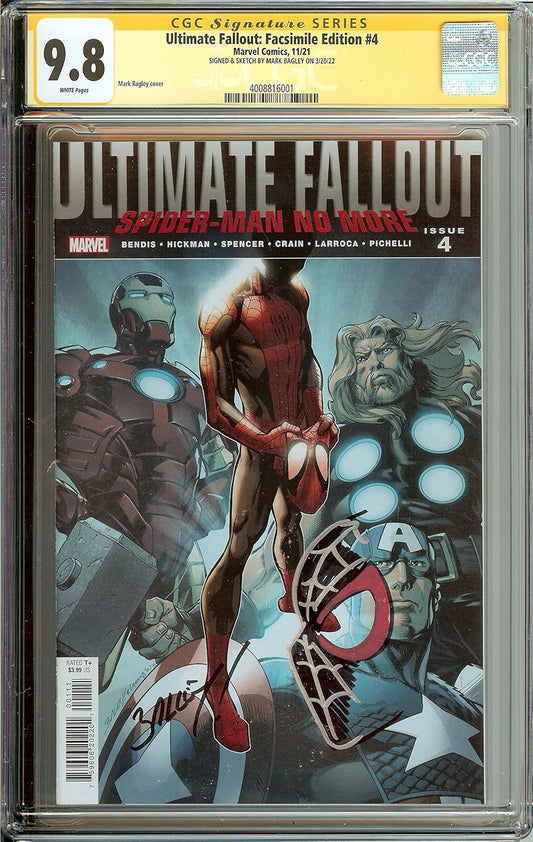Ultimate Fallout Facsimile Edition #4 1st App Miles Morales Signed Sketched Remark Mark Bagley CGC 9.8 Spider-Man