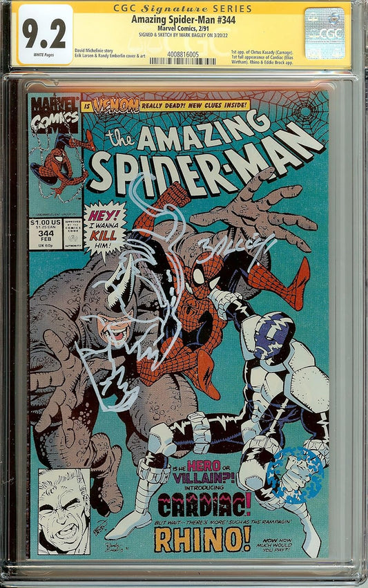 Amazing Spider-Man #344 1st App Kletus Cletus Kasady Signed Remark Mark Bagley CGC 9.2