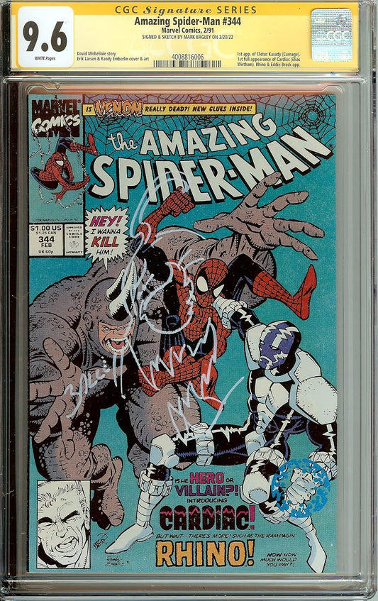 Amazing Spider-Man #344 1st App Kletus Cletus Kasady Signed Remark Mark Bagley CGC 9.6