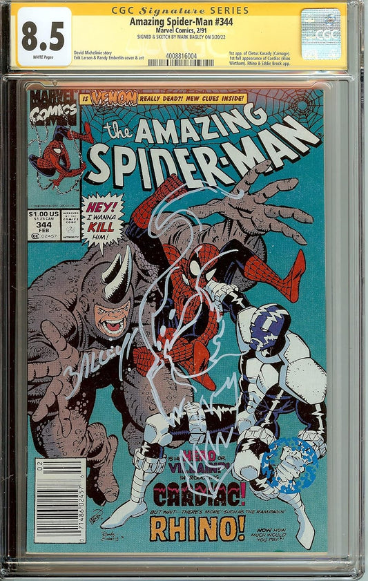 Amazing Spider-Man #344 1st App Kletus Cletus Kasady Signed Remark Mark Bagley CGC 8.5 Spider-Man