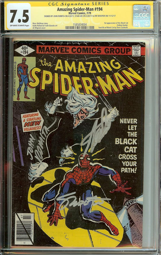 🔥 CGC 7.5 Autographed Amazing Spider-Man #194 1st Black Cat Stan Lee, John Romita, Jim Shooter 🔥