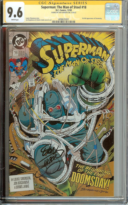 Autographed. CGC 9.6 NM. Superman The Man of Steel #18 Signed Dan Jurgens