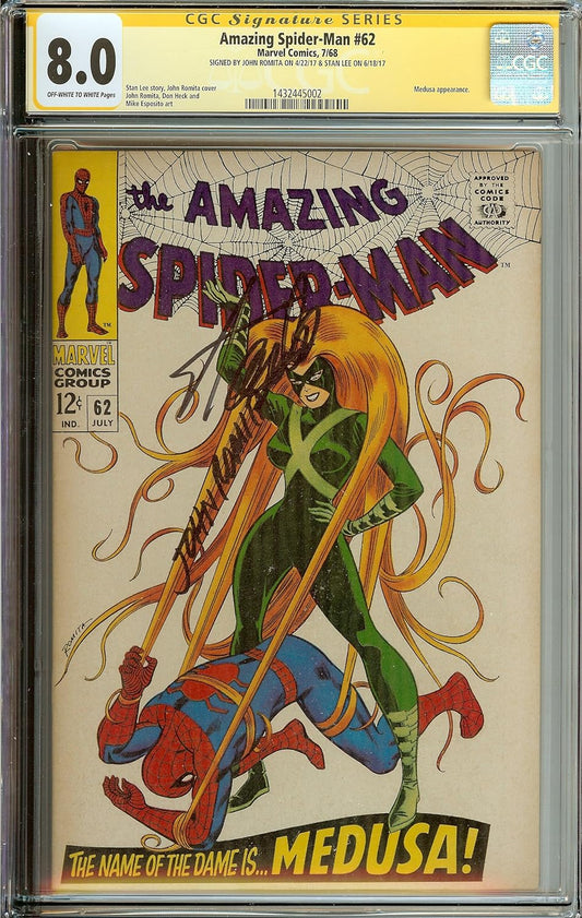 Autographed CGC 8.0 (1432445002) Amazing Spider-man #62 Medusa Inhuman Signed Stan Lee & John Romita